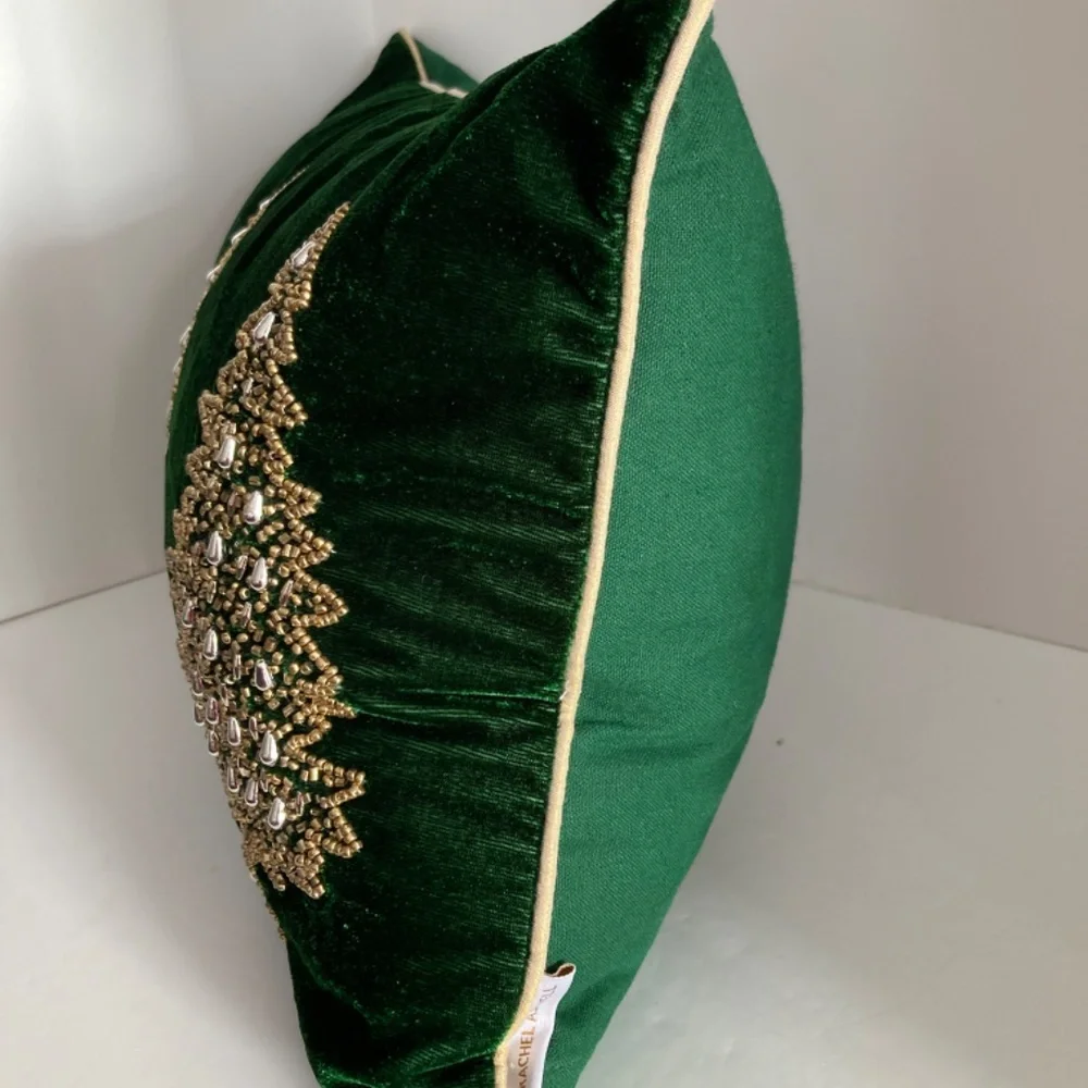 Rachel Ashwell Velvet Beaded Christmas Trees Throw Pillow 14x22 Green EUC